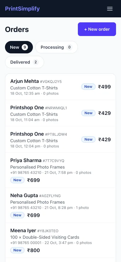 Orders list on a phone with New, Processing and Delivered tabs